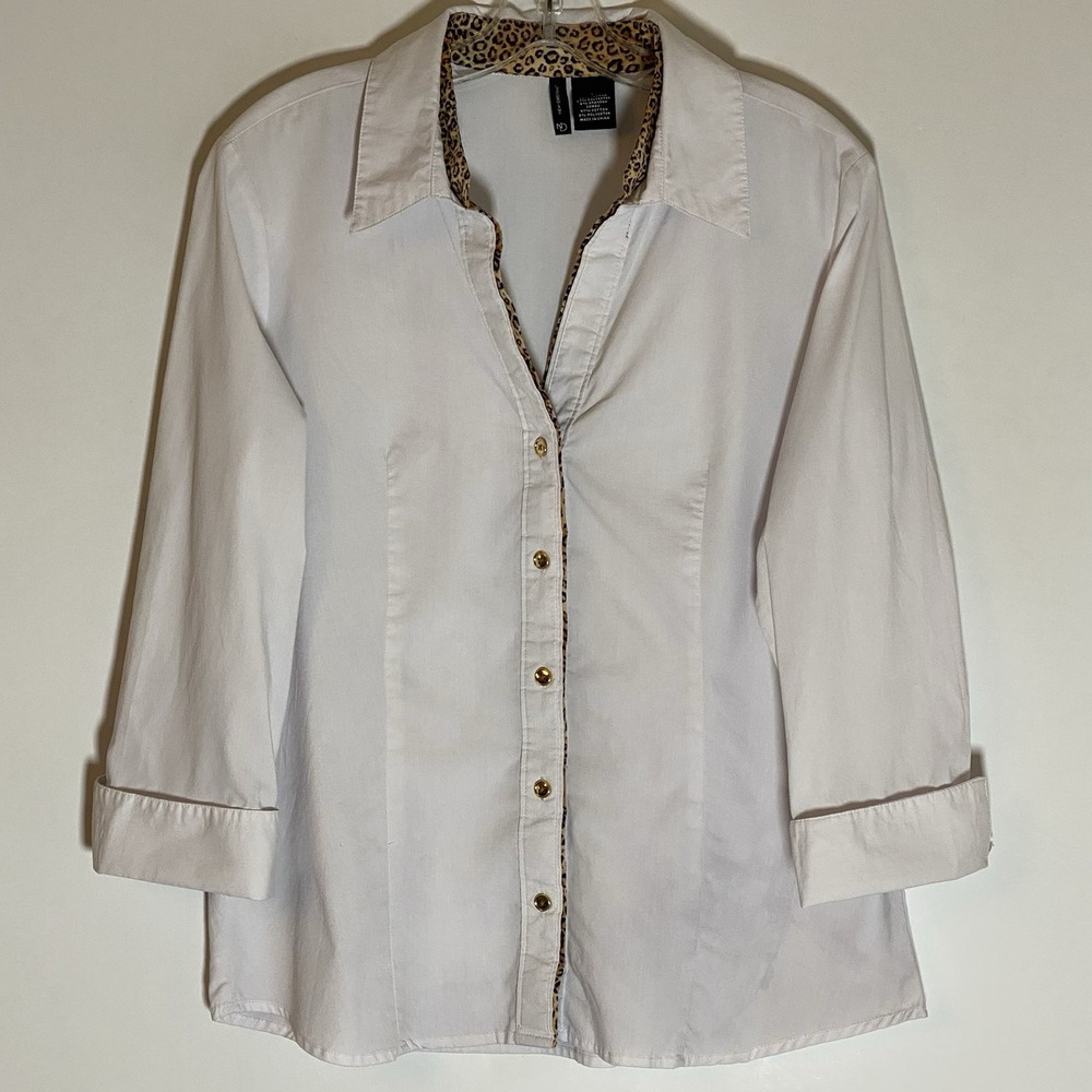 New Direction Top Womens Large White Leopard Trim Button Down Cuff Shirt Classic